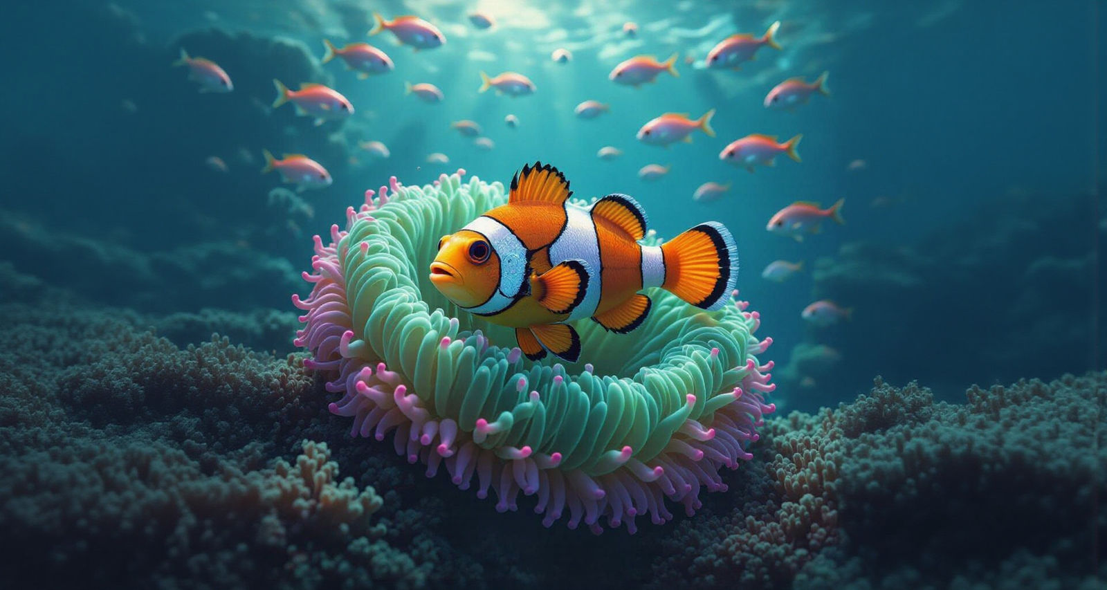 Cyborg Clownfish and Anthias in Anemone