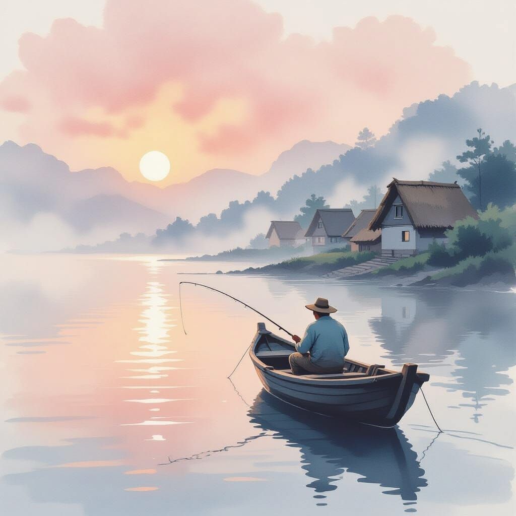 Fisherman Casting Line at Misty Dawn in Village Scene