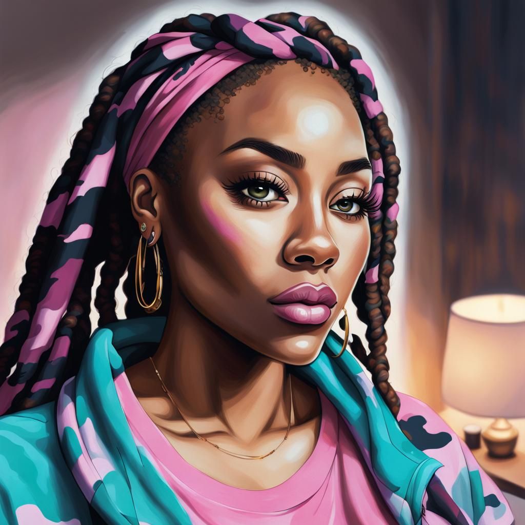Airbrush Portrait: Woman with Locs in Camo Headwrap