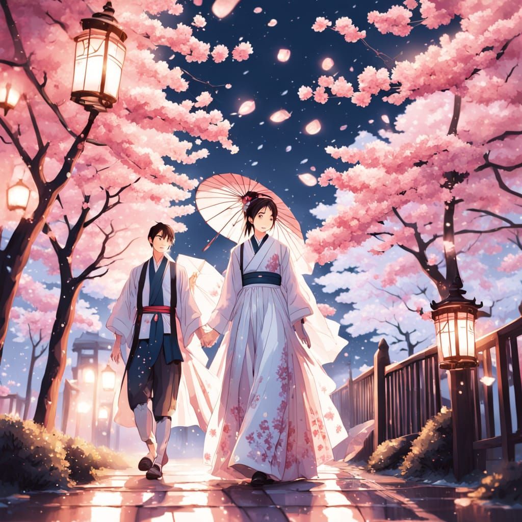 Romantic Korean Garden Scene in Flat Manga Style
