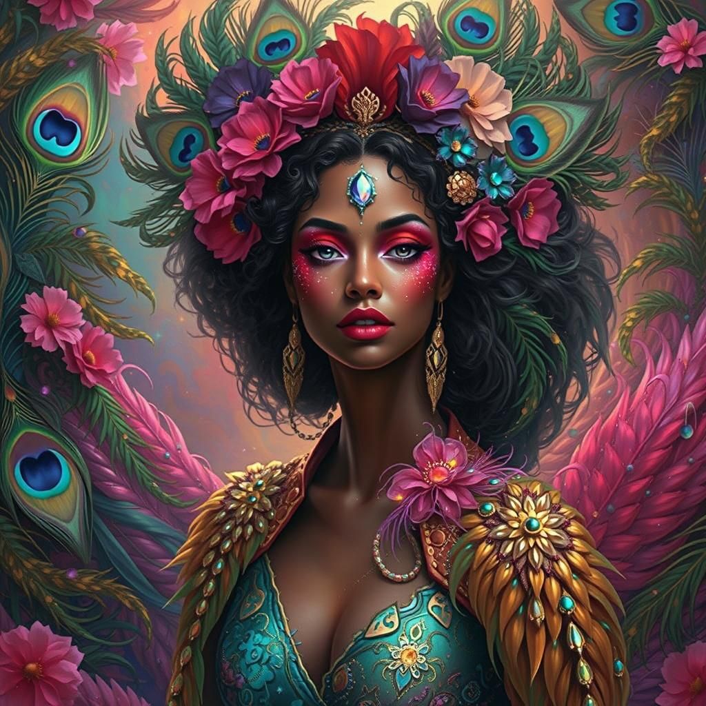 Enchanting Woman with Peacock Feathers in Digital Art