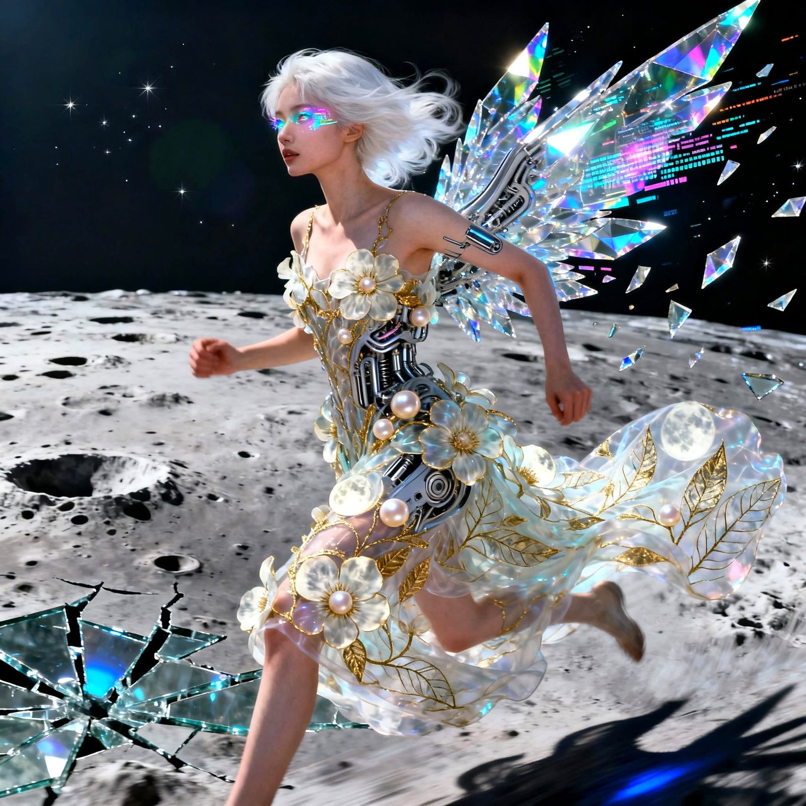 Cyberpunk Woman with Glitched Wings on Moon Landscape