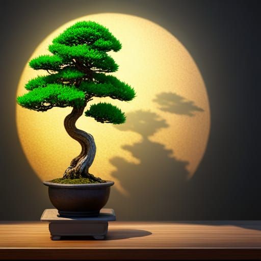Lantern Lit Bonsai with Shadow, Detailed Matte Painting