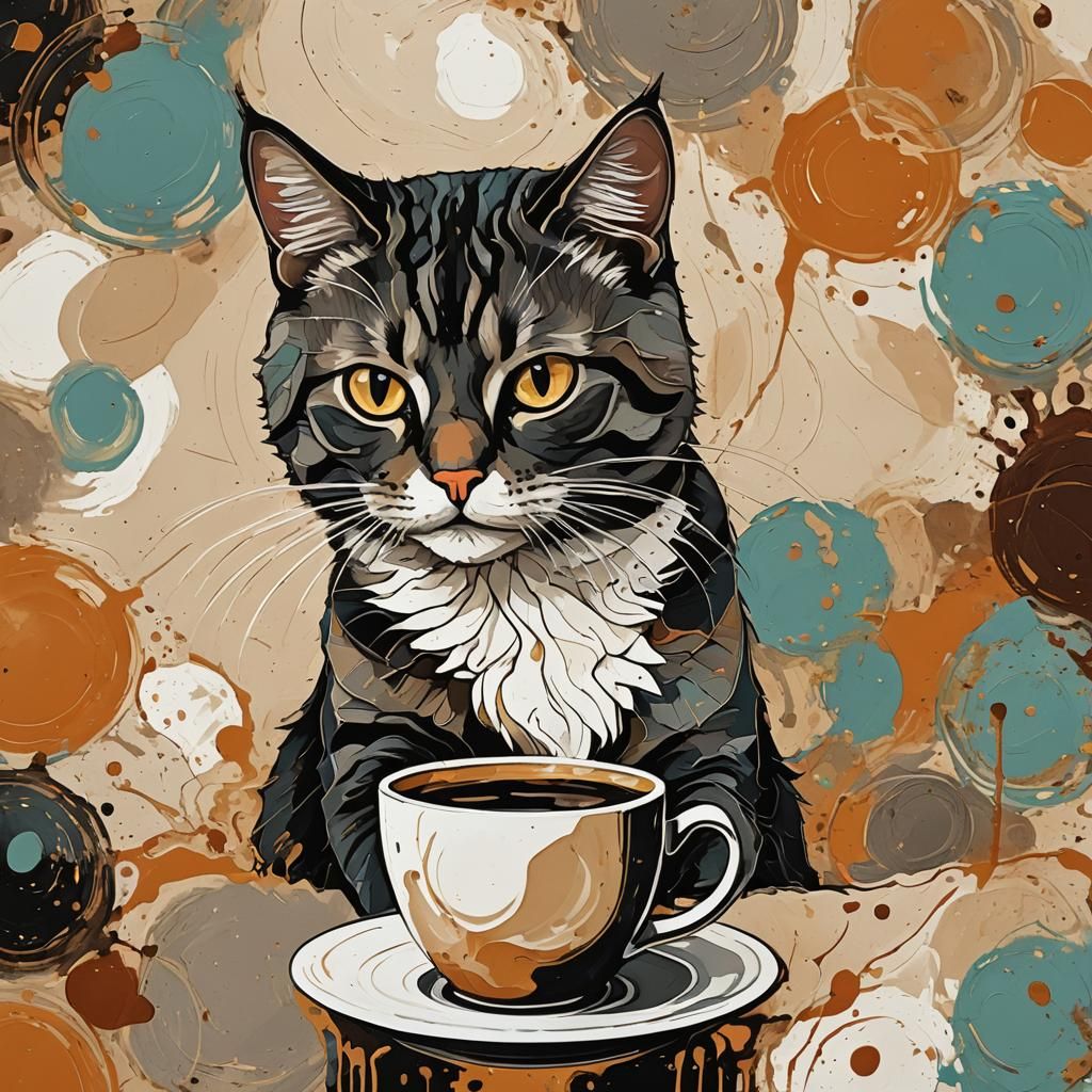 Abstract Cat Sipping Coffee with Fine Details