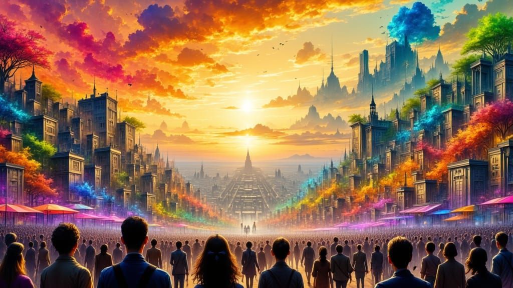 Utopian Cityscape of Unity and Celebration