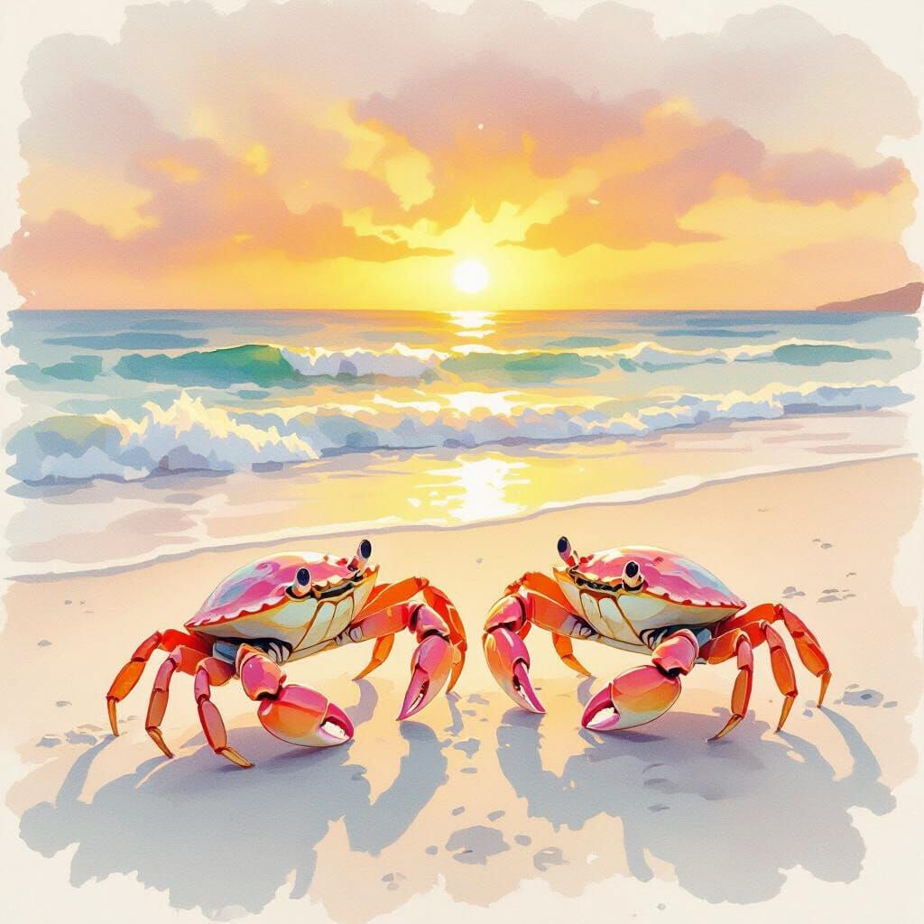 Pastel Crabs Dancing on Beach in Watercolor Style