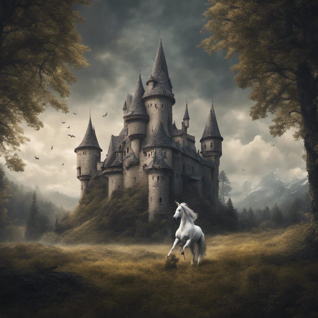 Fantasy Castle Scene with Witch and Unicorn