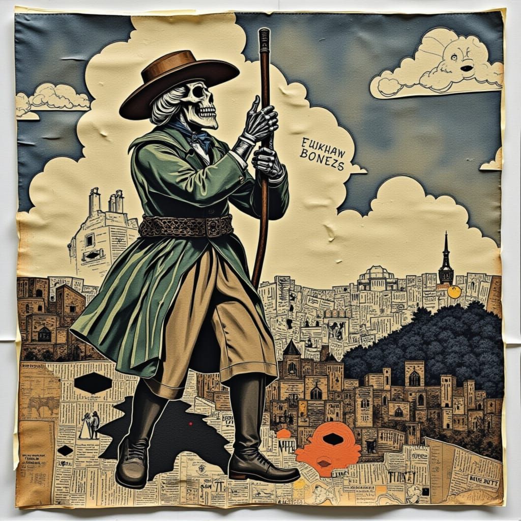 Surreal Folk Art Depiction of a Walking Skeleton