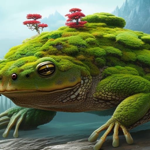 Giant Frog on Tea House: Hyperdetailed Fantasy Art