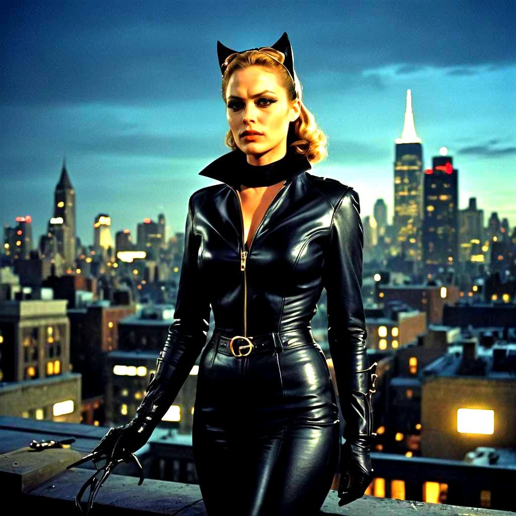 Catwoman on Gotham Rooftop: 1970s Cinematic Film Still