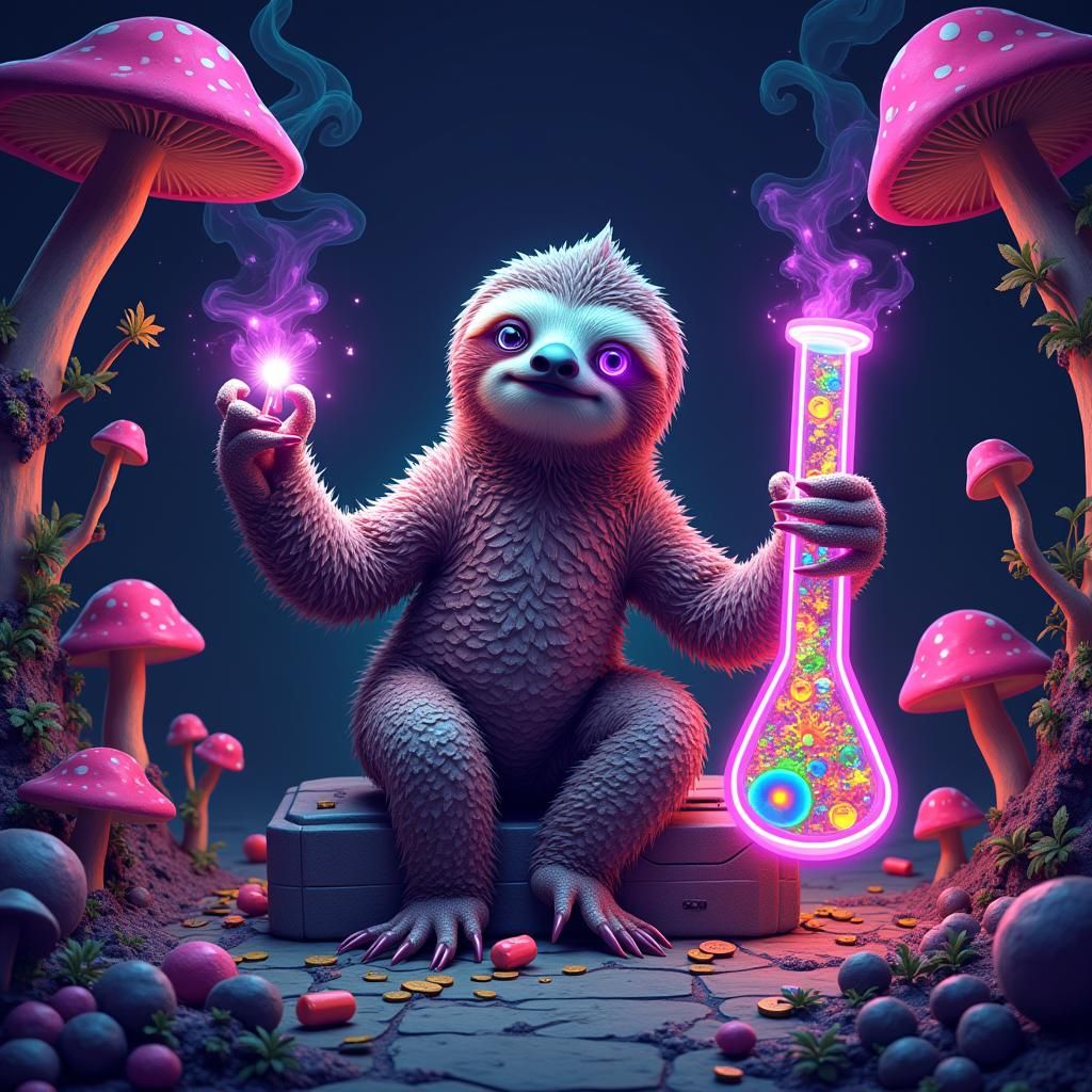 Neon Sloth in 8-Bit Dreamscape: A Matte Painting