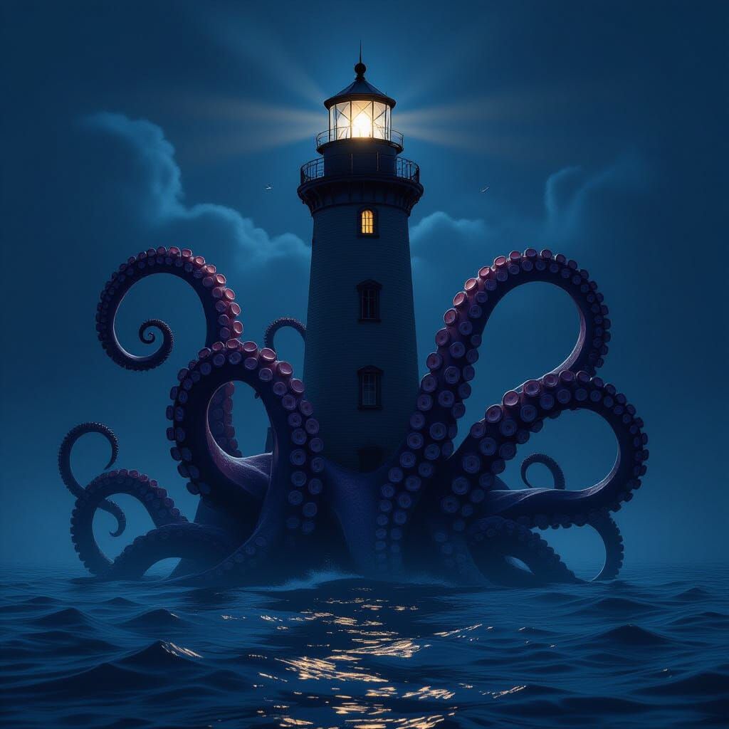 Lighthouse Under Siege: Giant Octopus Tentacles Emerge