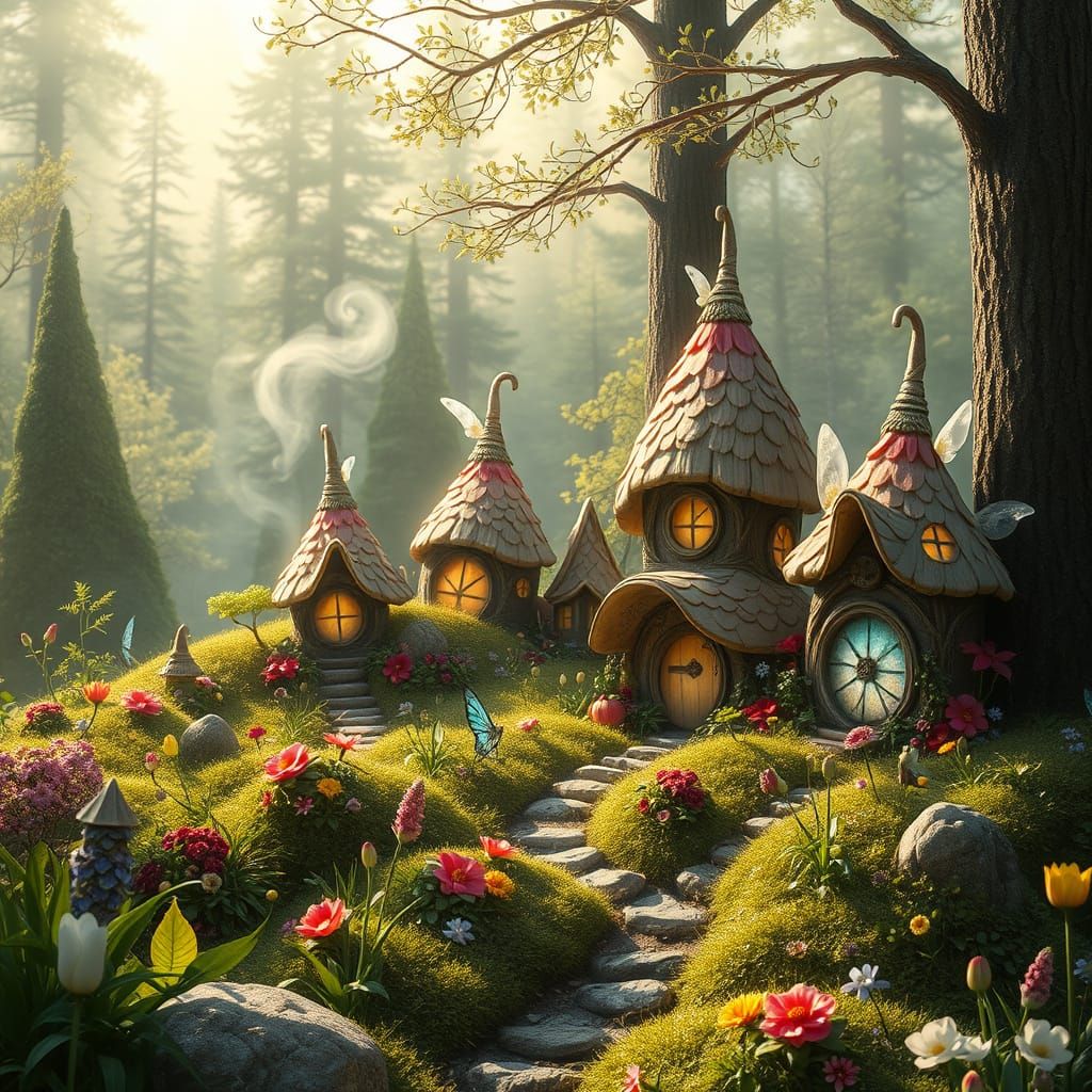 Whimsical Fairy Village in Lush Spring Landscape