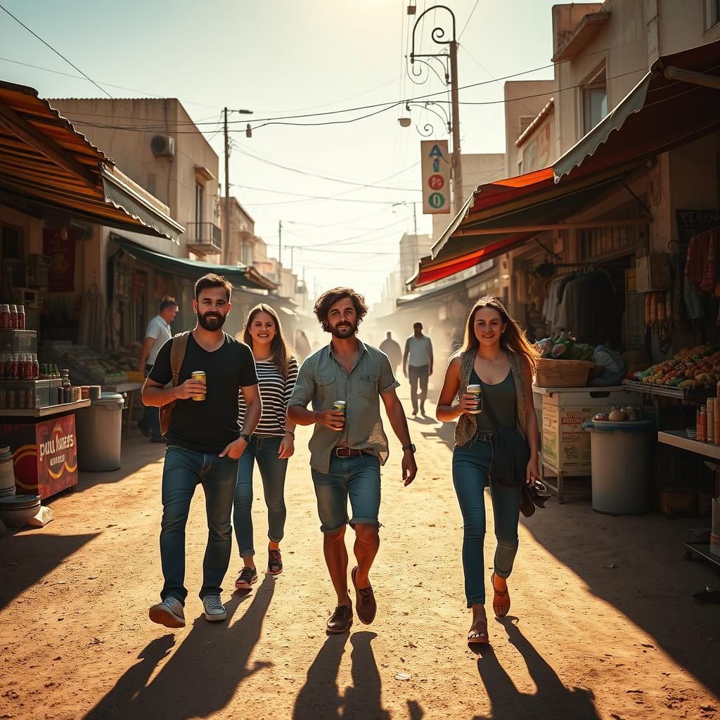 Friends in Israeli Market with Cinematic Lighting