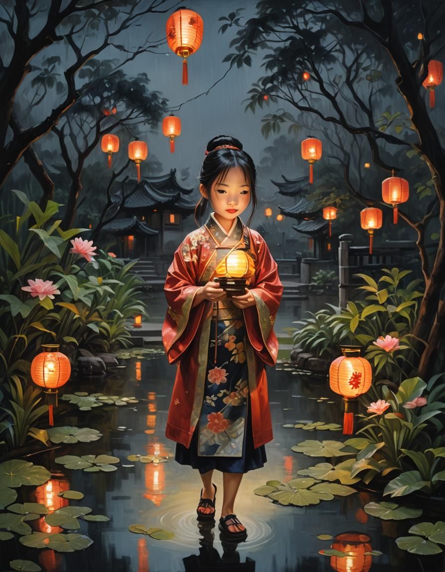 Chinese Girl with Lantern in Rainy Garden Oil Painting