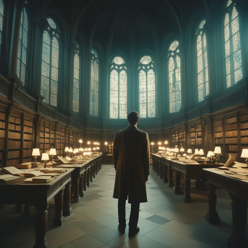 Enigmatic Man in Ancient Library by Moonlight
