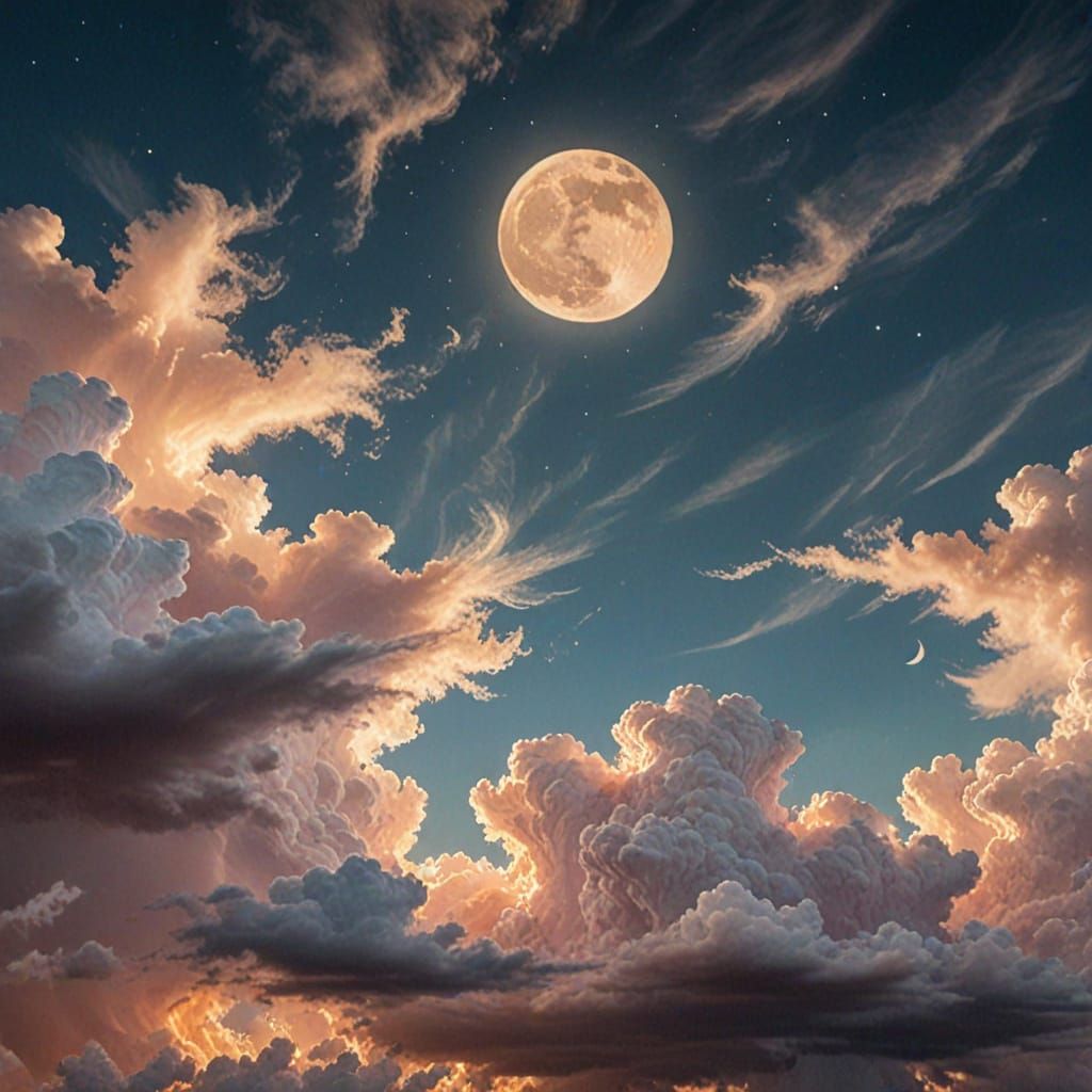 Dreamy Golden Moon Rises from Impressionistic Cloudscapes