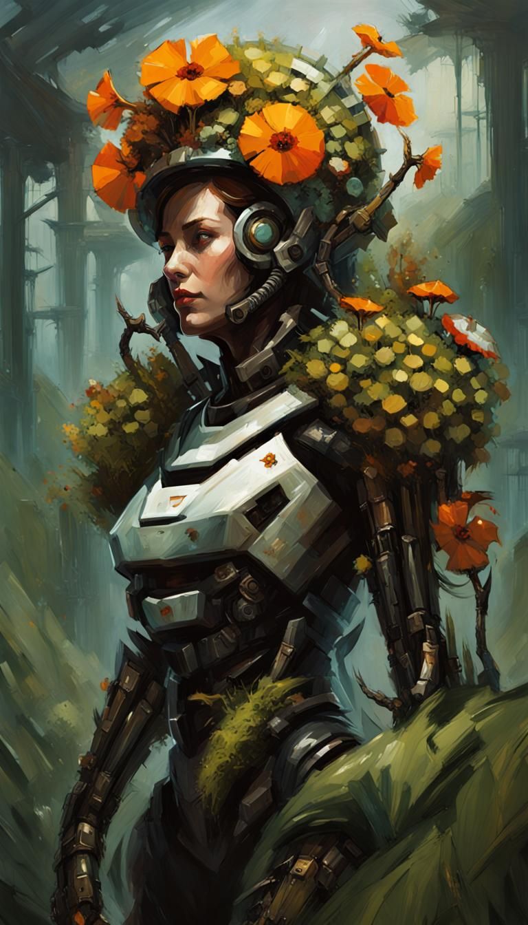 Woman in Plant Armor Biomechanical Oil Painting