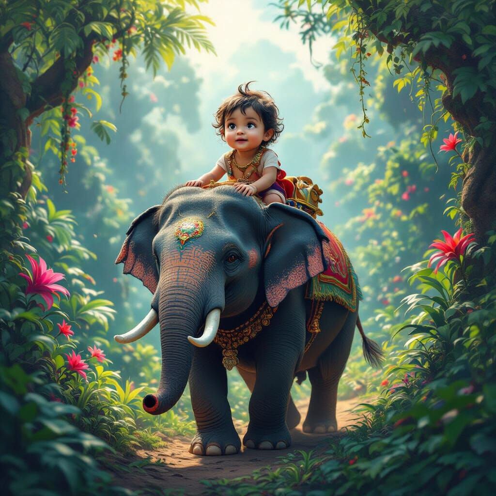 Child Rides Majestic Elephant in Fantastical Jungle