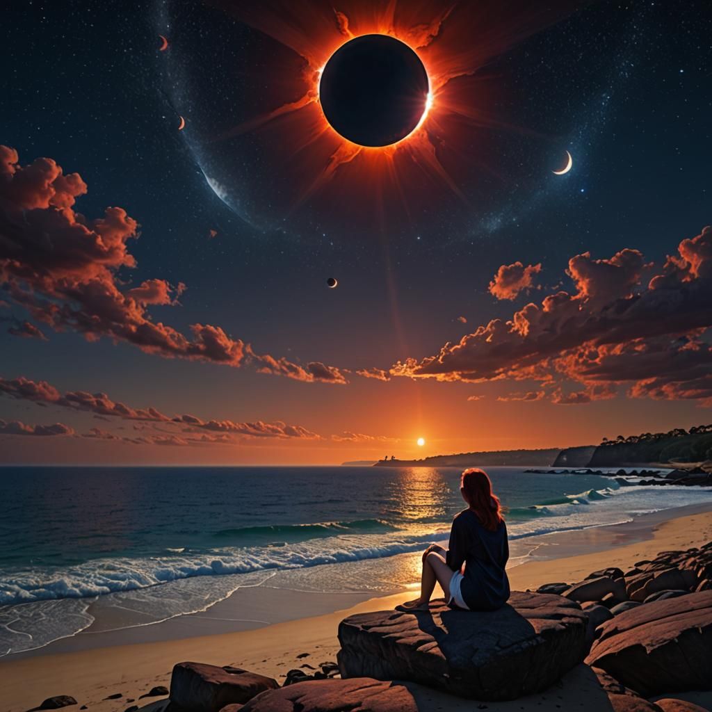 Woman Watches Solar Eclipse over Sydney Beach