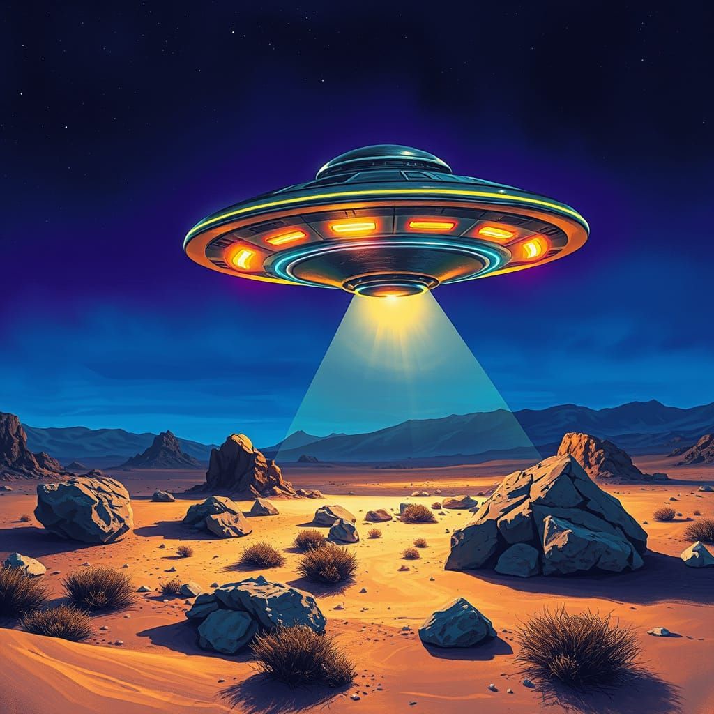 Mysterious UFO Hovers Above Groomlake in Neon-Lit Desert Lan...