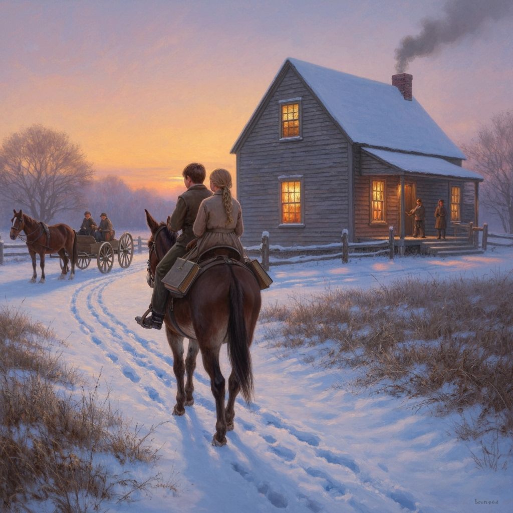 Children Ride Mule to School at Dawn in Snowy Landscape