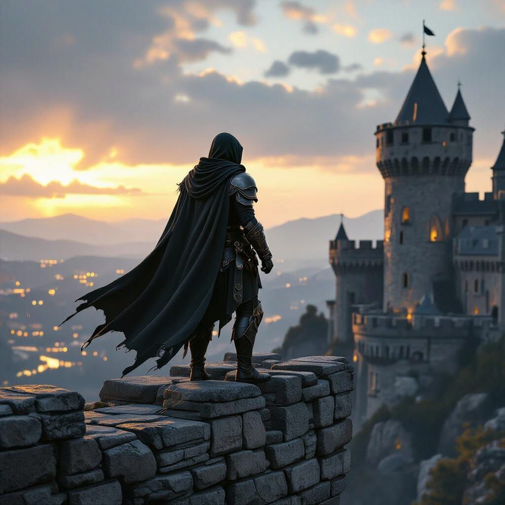 Ranger Gazing Over Castle Wall in Black and White