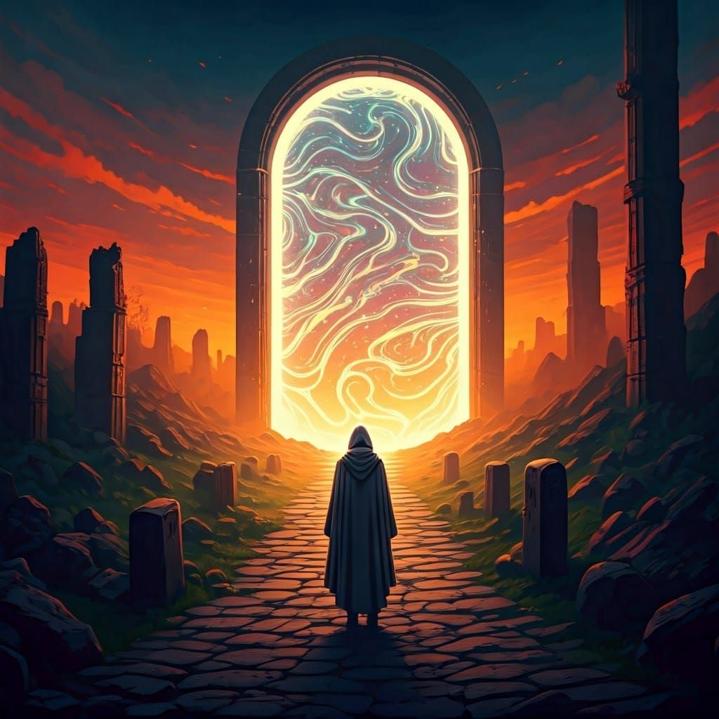 Ethereal Portal Beckons Enigmatic Figure