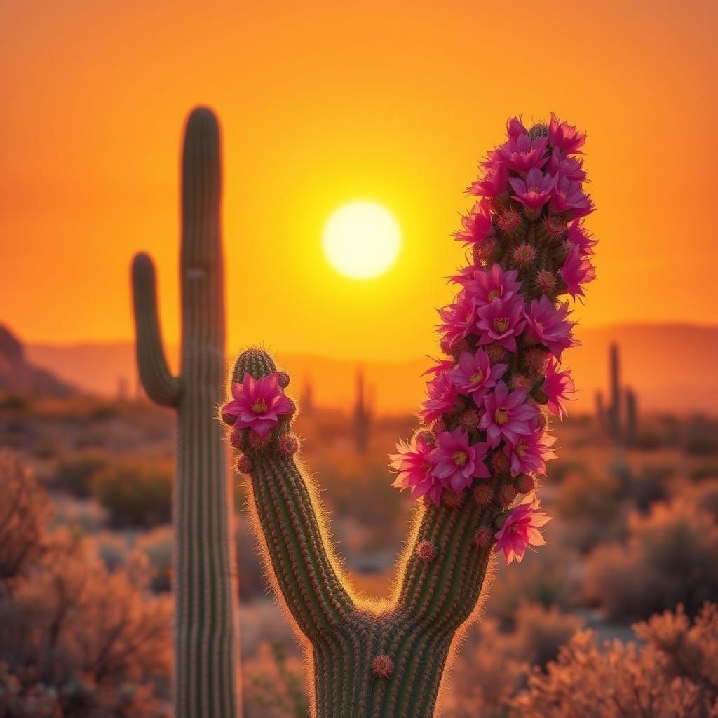 Saguaro Cactus Blooms in Desert Landscape