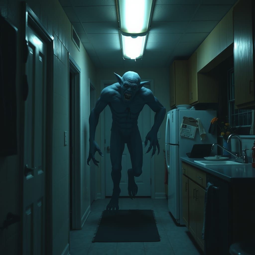 Eerie Liminal House with Ghostly Monster Silhouette