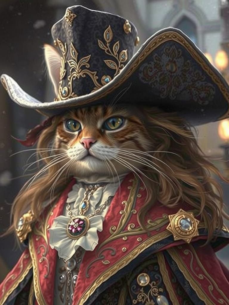 Aristocratic cat, whimsical, wide brimmed hat