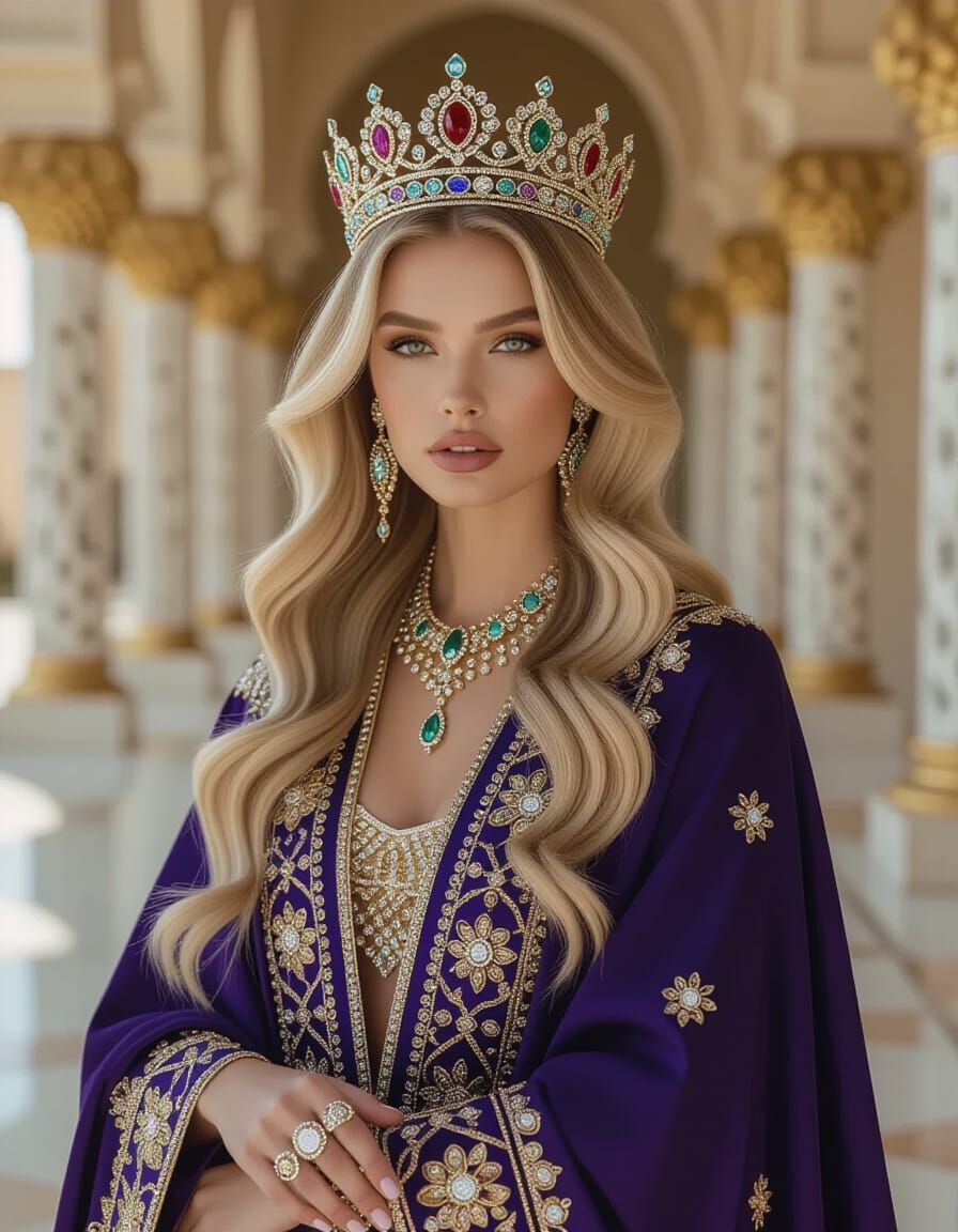 Majestic Blonde Model in Royal Abaya: High-Fashion Glamour
