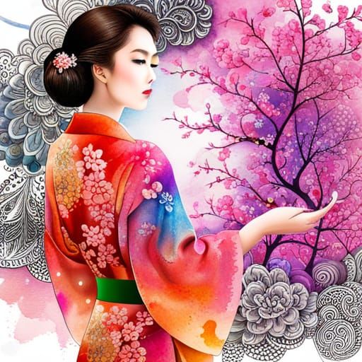 Beautiful Lady in Kimono: Hyperrealistic Watercolor Painting
