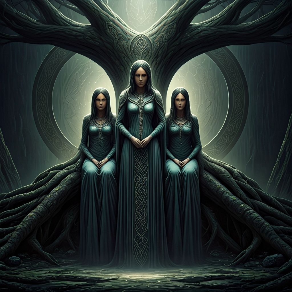 Norns Weaving Fate at World Tree Root