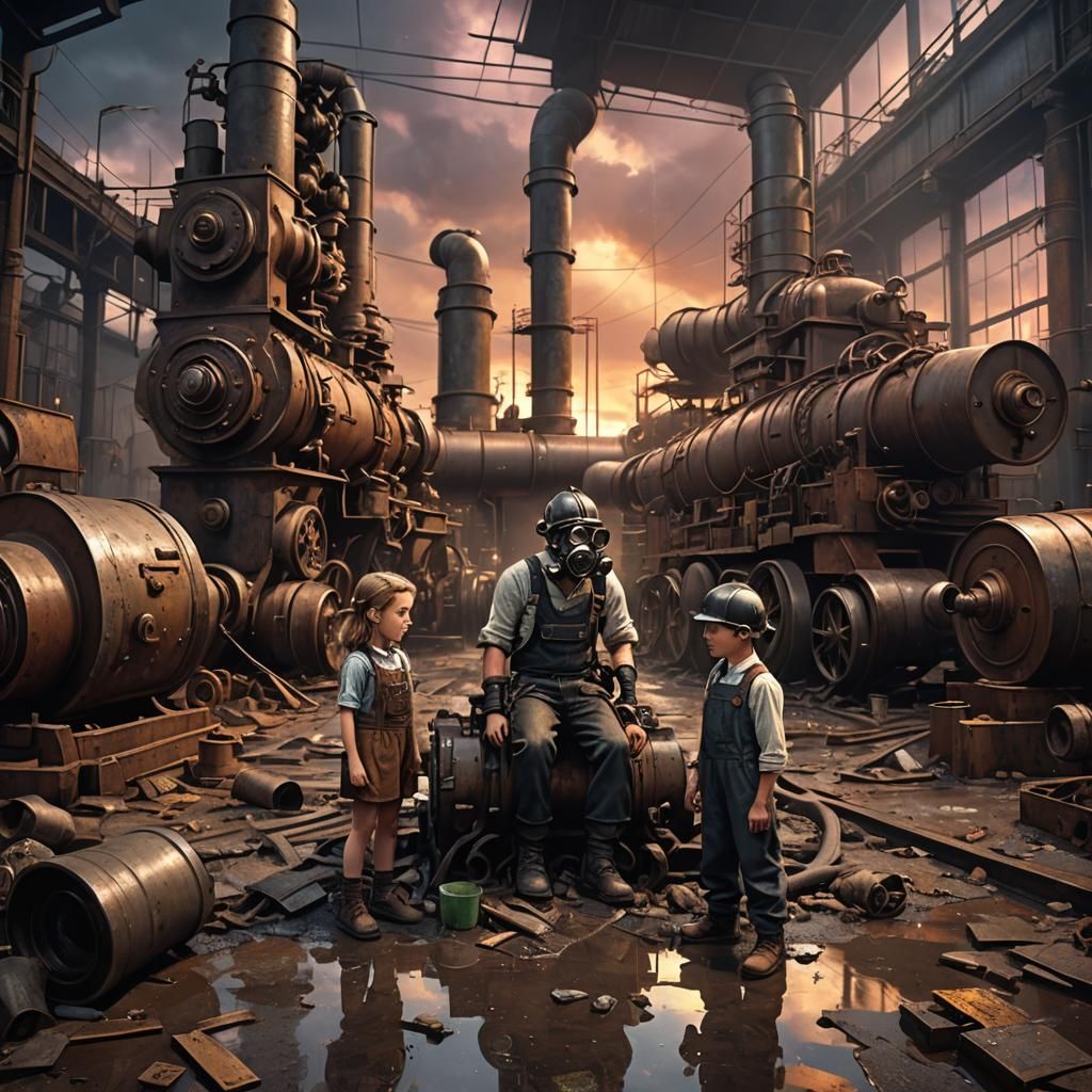 Grimdark Factory Scene with Children in Gas Masks
