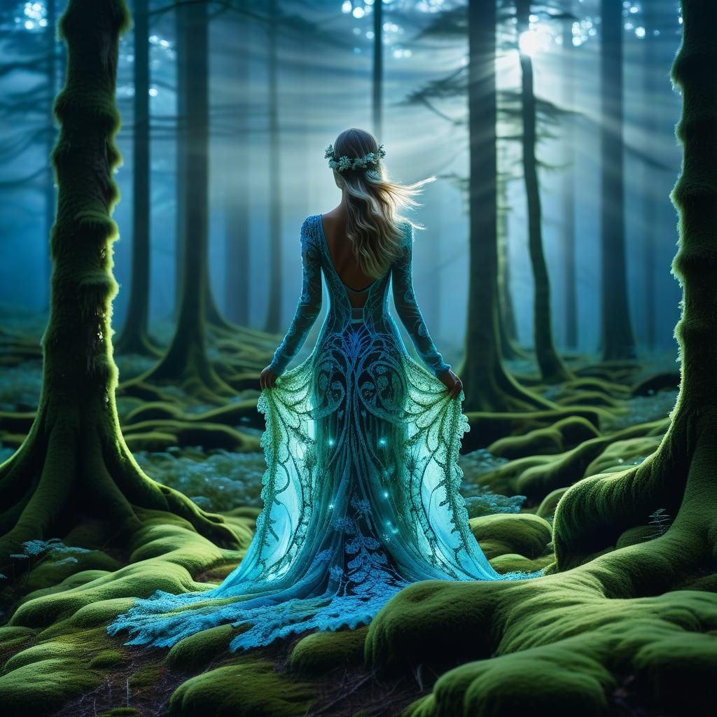 Bioluminescent Moss Woman in Dreamlike Forest