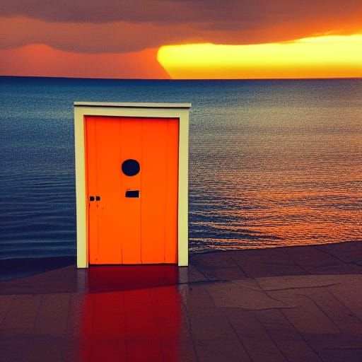 Orange Door Amidst a Sunset Sea Storm