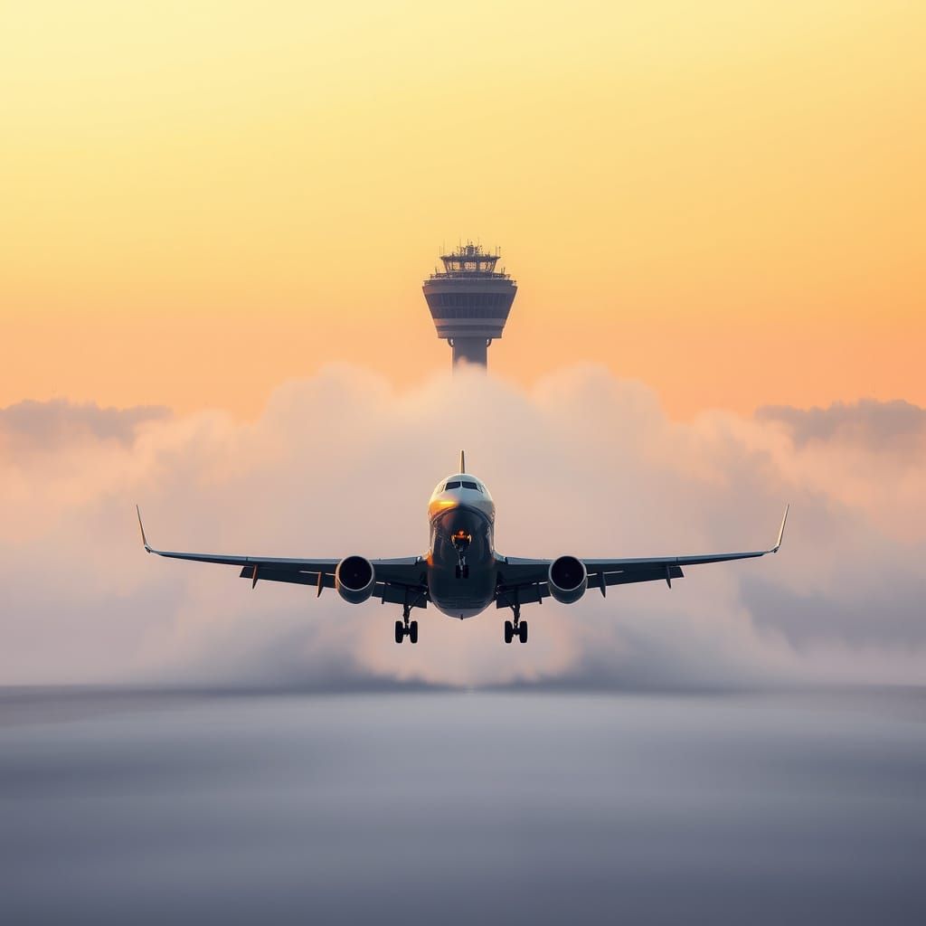 Jet Aircraft Takeoff Through Dawn Mist: Aviation Photography
