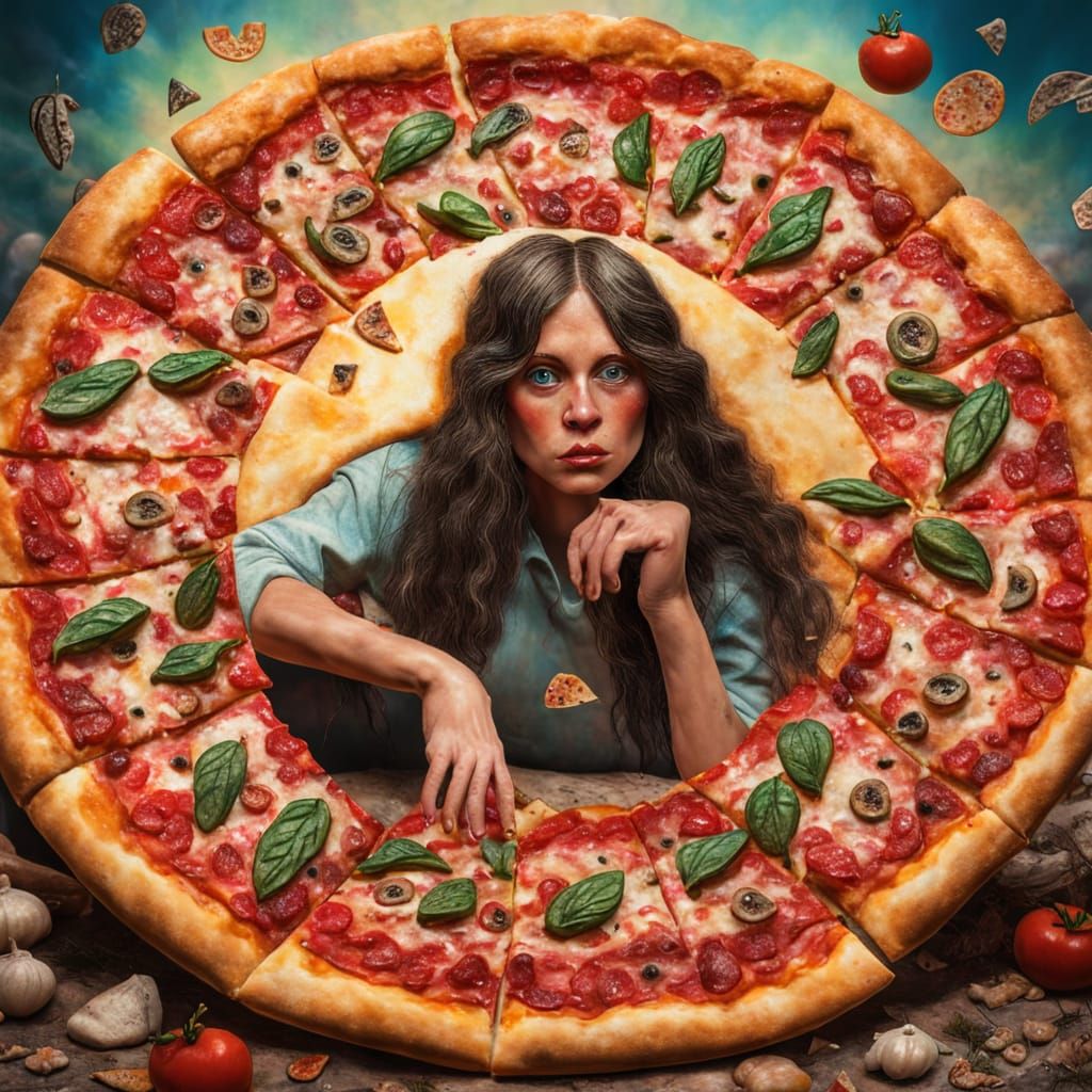 Surreal Pizza Dreams Sculpture with Glowing Creatures