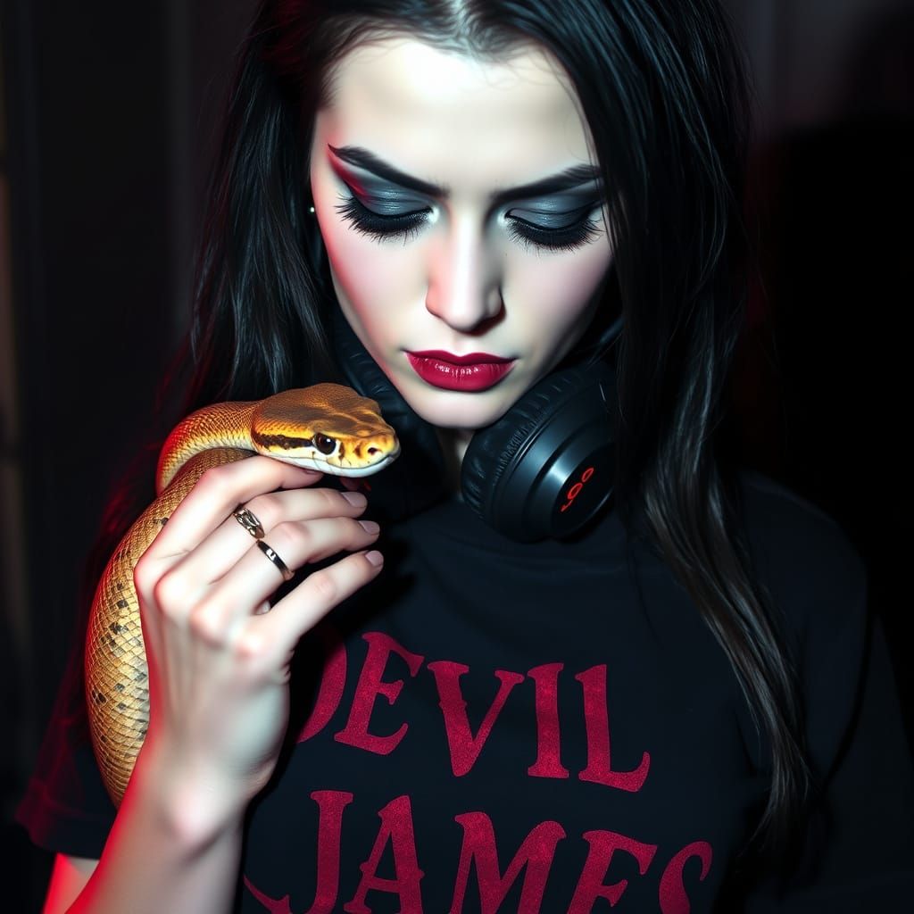 Goth Woman with Kingsnake in Dark, Moody Setting