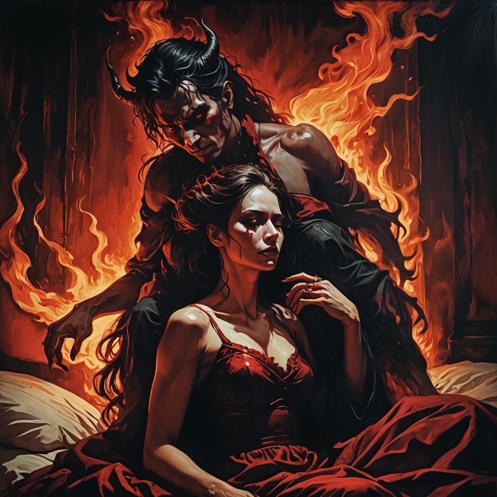 Eerie Dark Fantasy: Devilish Woman Watching Sleeping Man