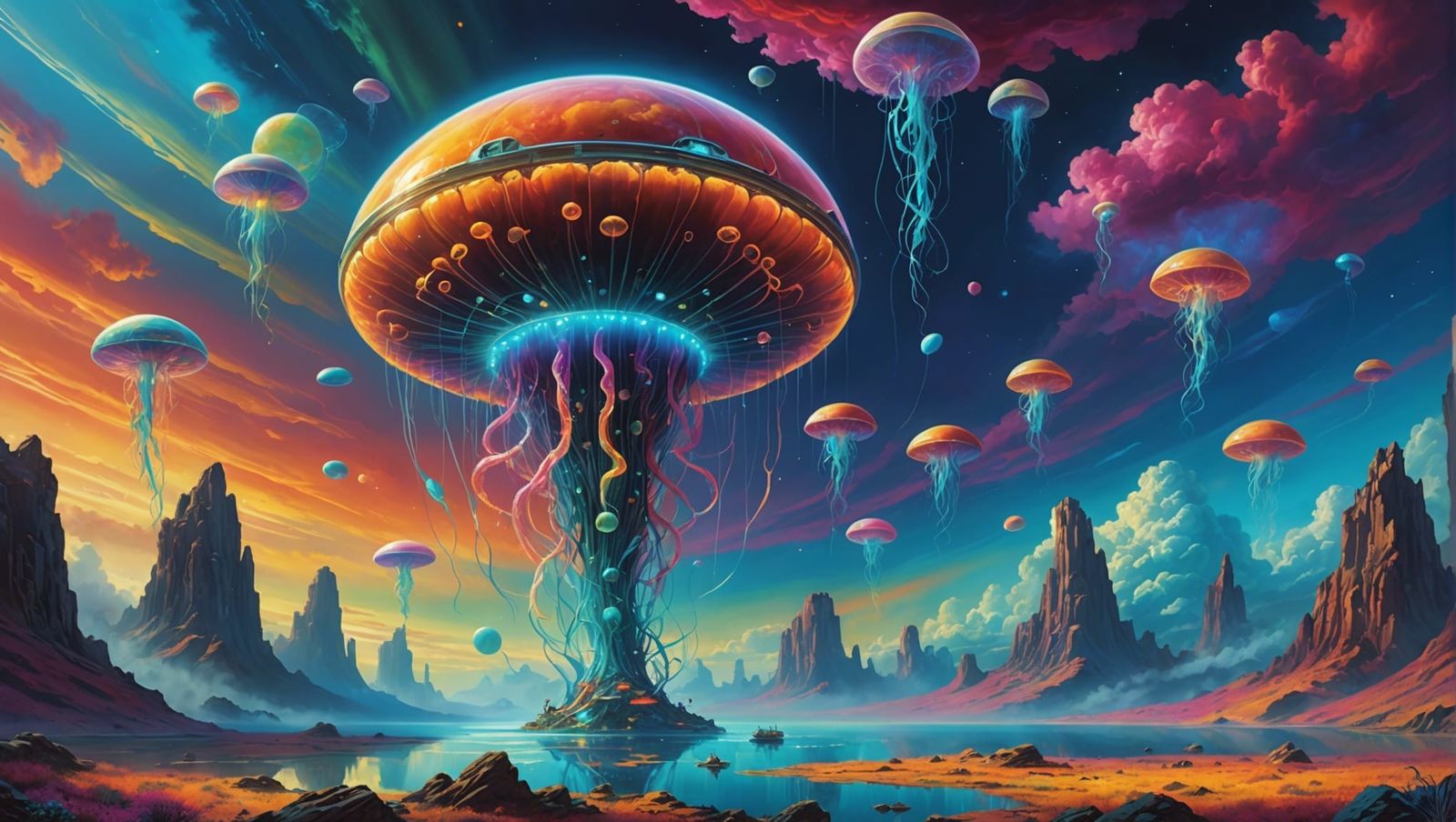 Futuristic Cyborg Jellyfish Floating in Saturn's Clouds