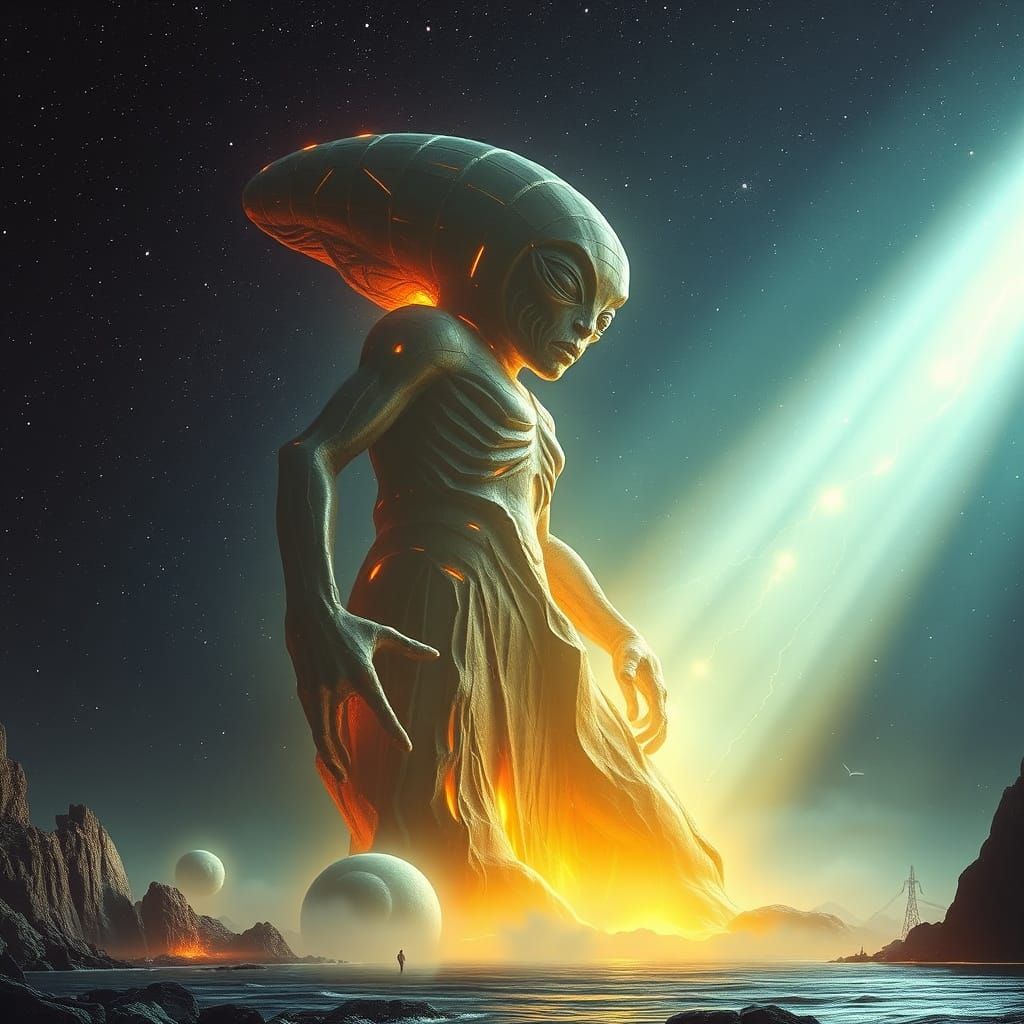 Colossal Alien Statue in Luminous Starlight
