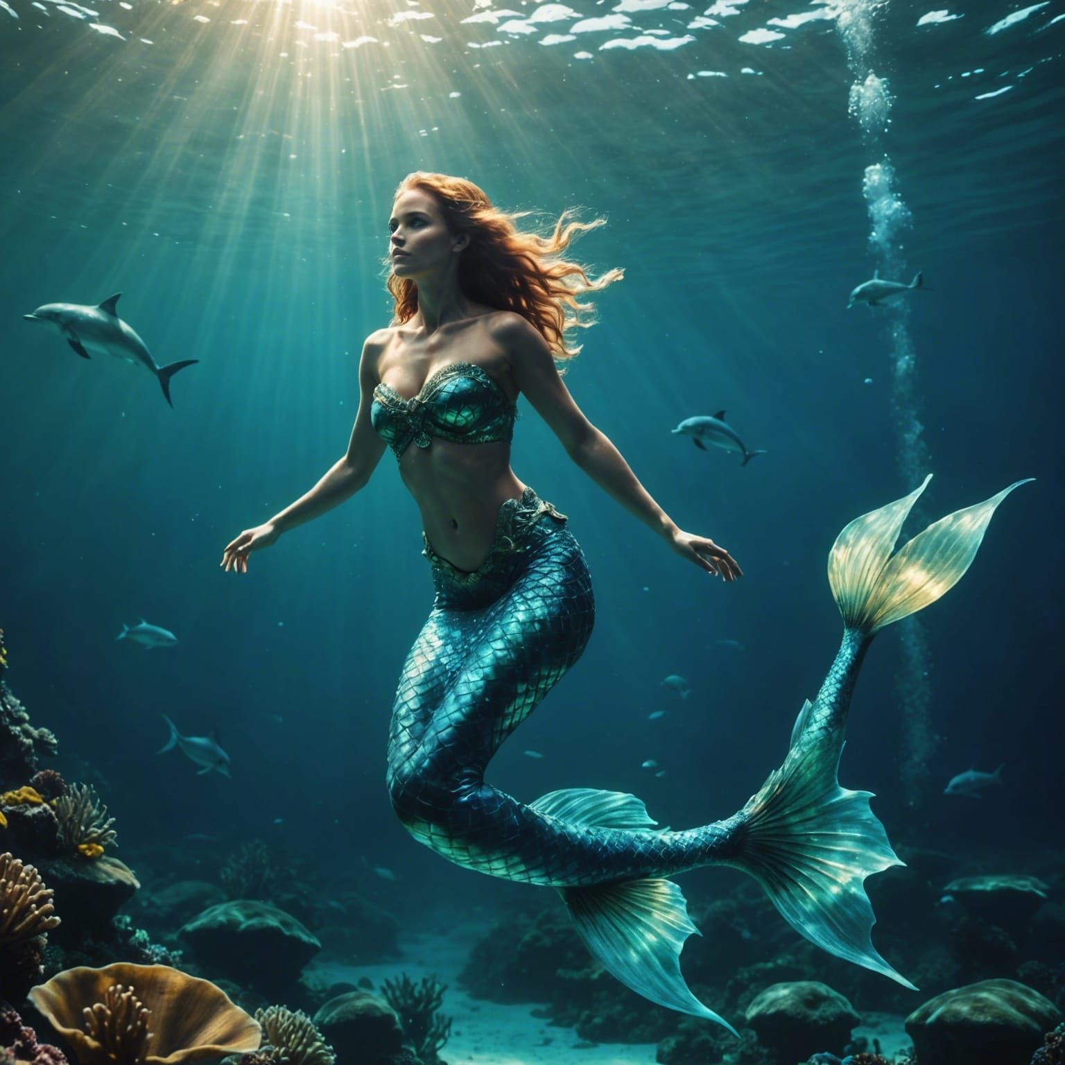 Glowing Mermaid with Dolphins Underwater in Cinematic Style