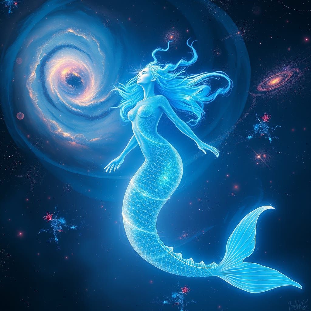 Ethereal Electric Blue Mermaid in Cosmic Splendor