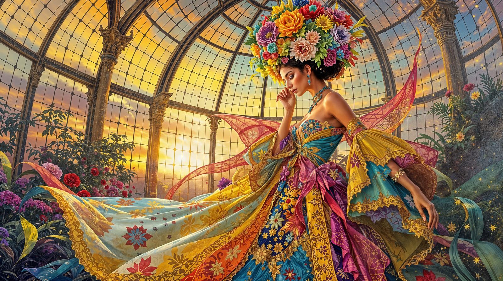 Exotic Goddess Shines in Vibrant Greenhouse Sunset