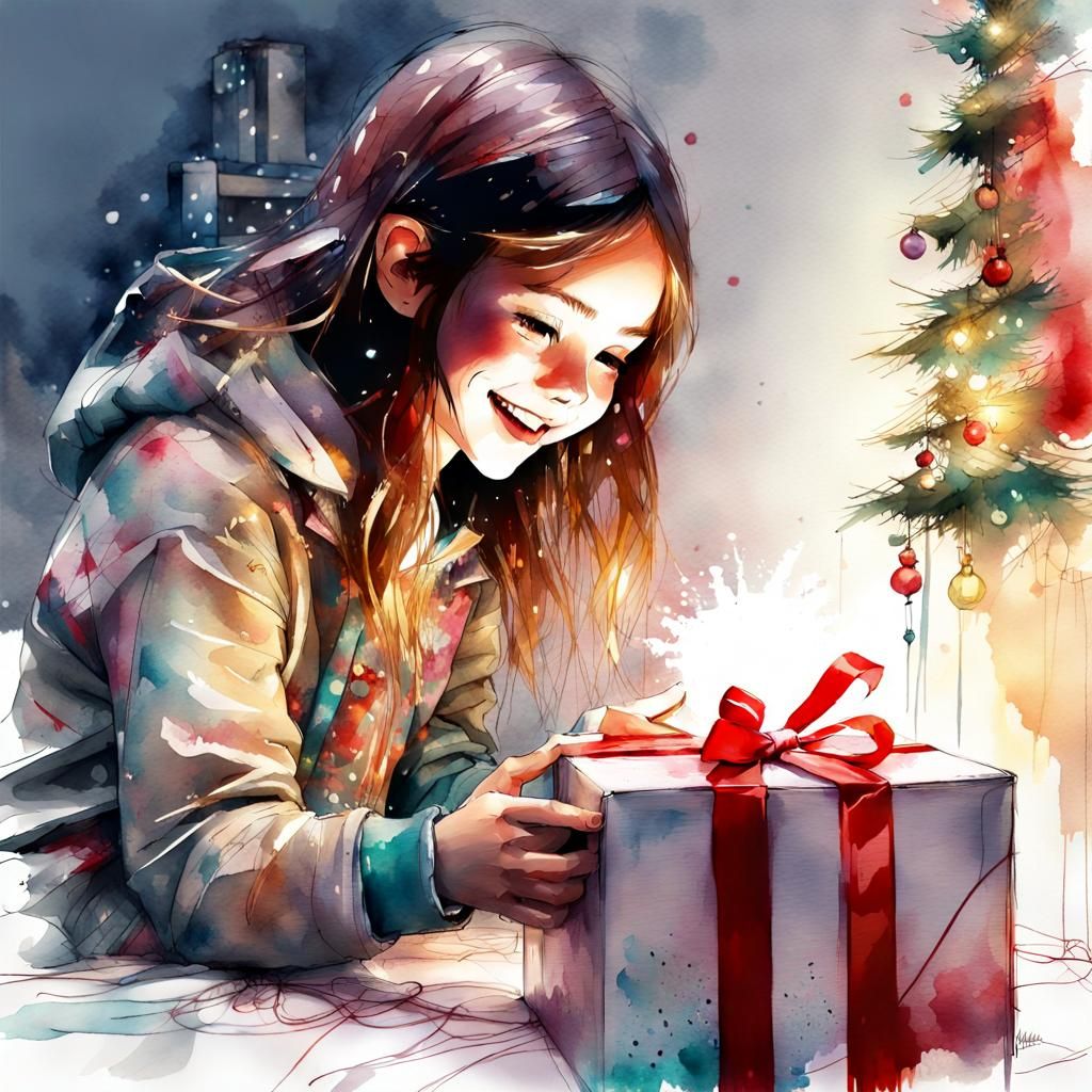 Joyful Chibi Girl Opening Christmas Gift