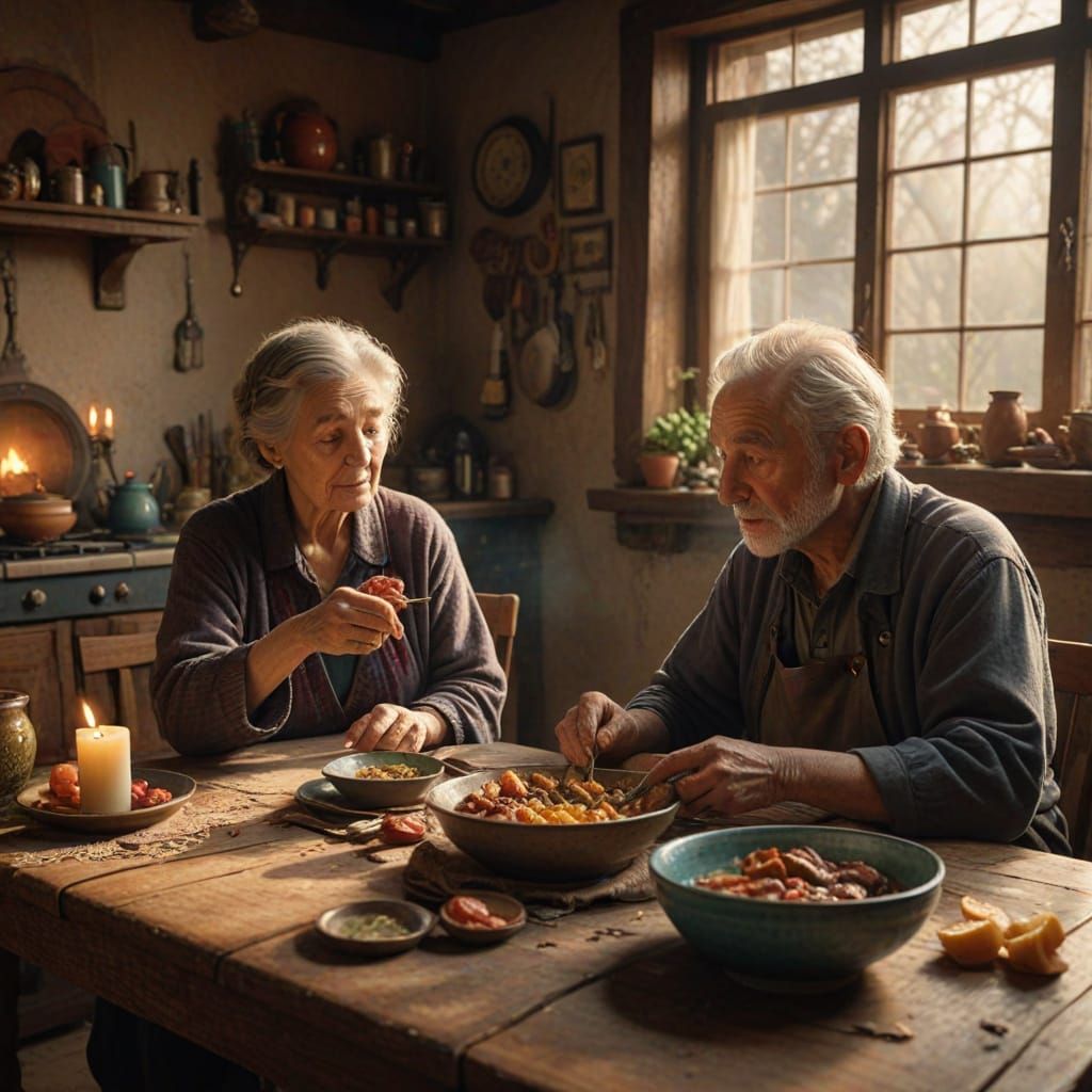 Rustic Fantasy Kitchen Scene in Warm Golden Lighting