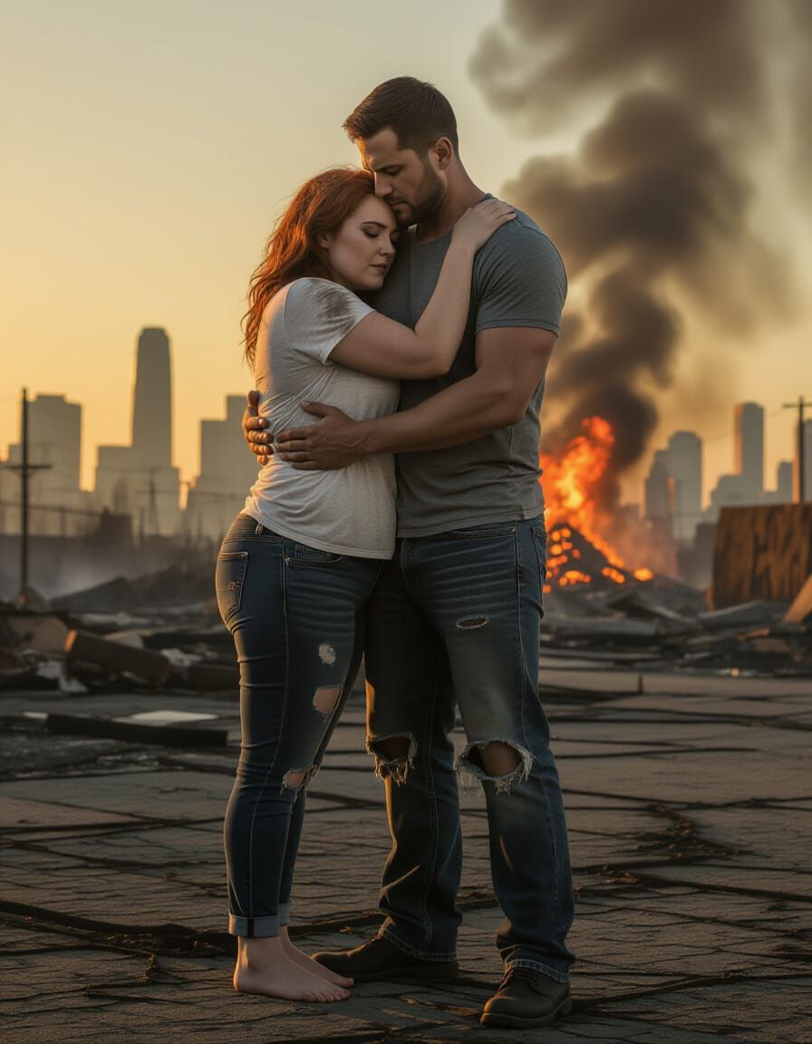 Desperate Embrace Amidst Burning Cityscape