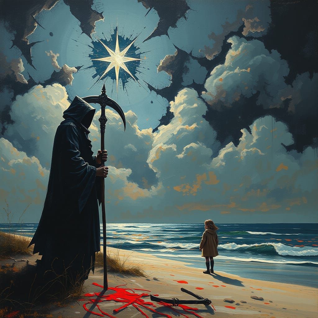 Dark Star Over Shattered Sky With Guardian On Seashore